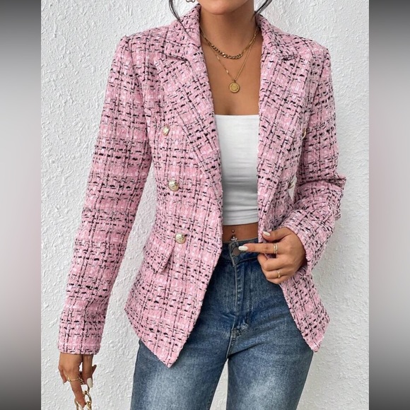 Luxe Plaid Tweed Button Down Blazer Jacket Coat - Picture 8 of 15